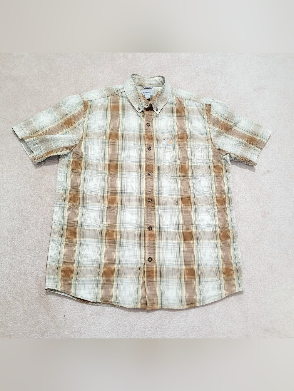 Carhartt Relaxed Fit Plaid Button Front Shirt Mens Size Large Short Sleeve Beige - Picture 8 of 8